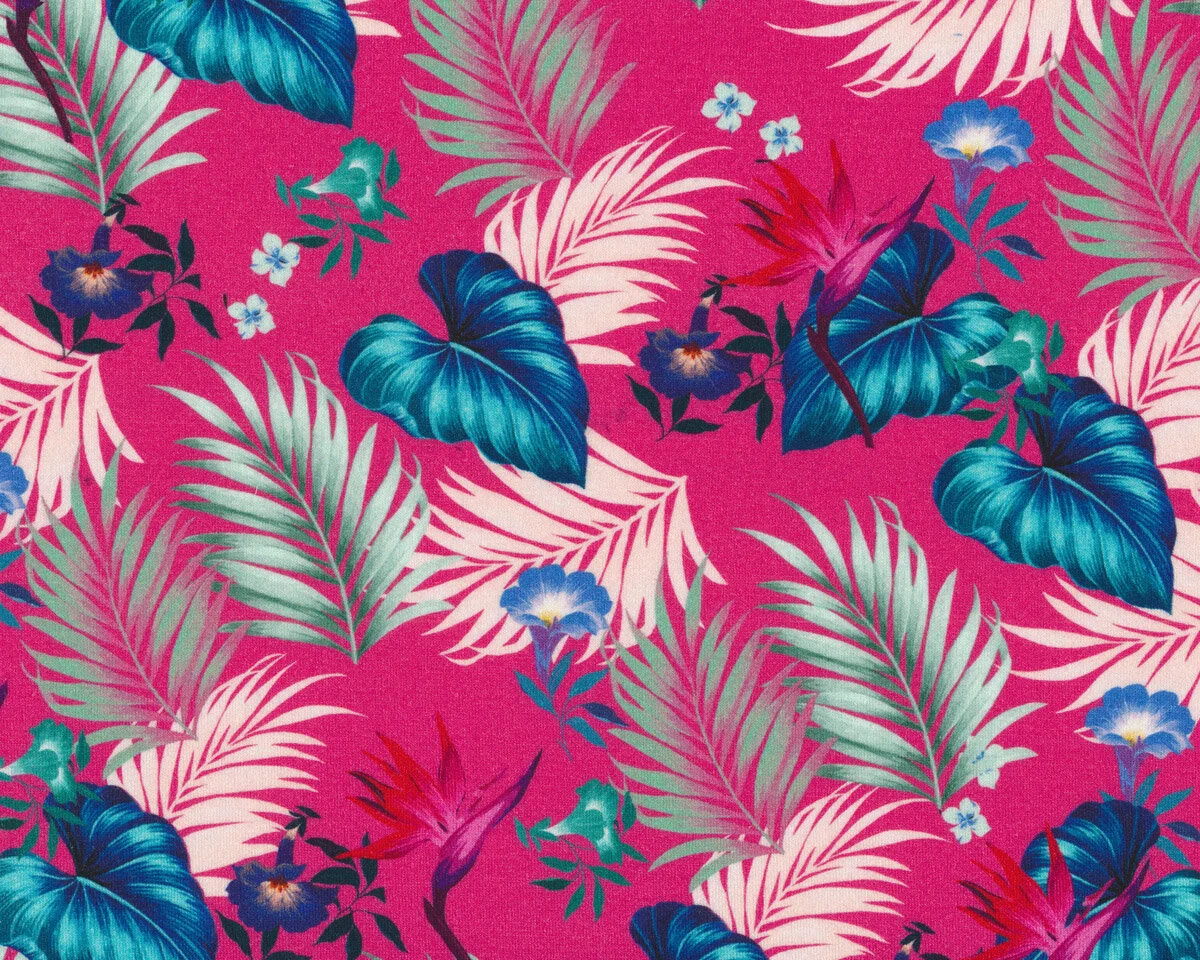 Viskosejersey FEDELIA, tropische Blätter, pink
