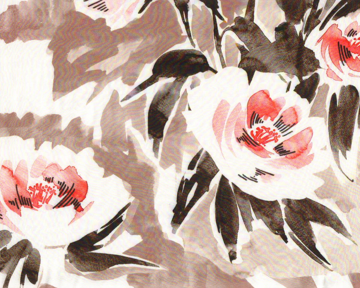 Viskosesatinstoff LEEVKE, Aquarell-Blumen, aprikot, Hilco