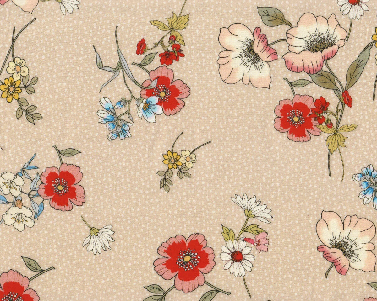 Viskosestoff FELICITA, Sommerblüten, hellbeige-rot