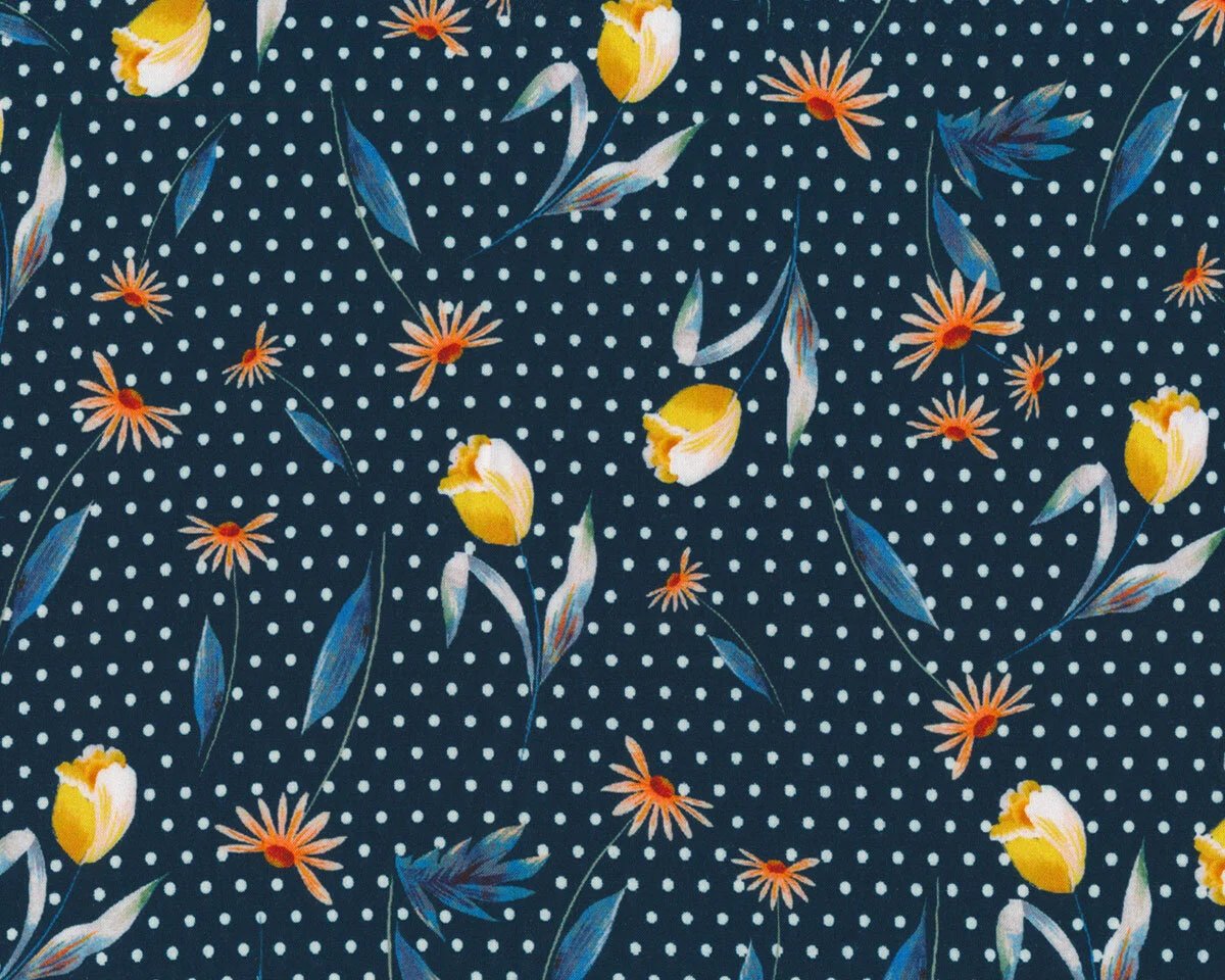Viskosestoff FLOWER DOT, Tulpen-Punkte-Muster, nachtblau
