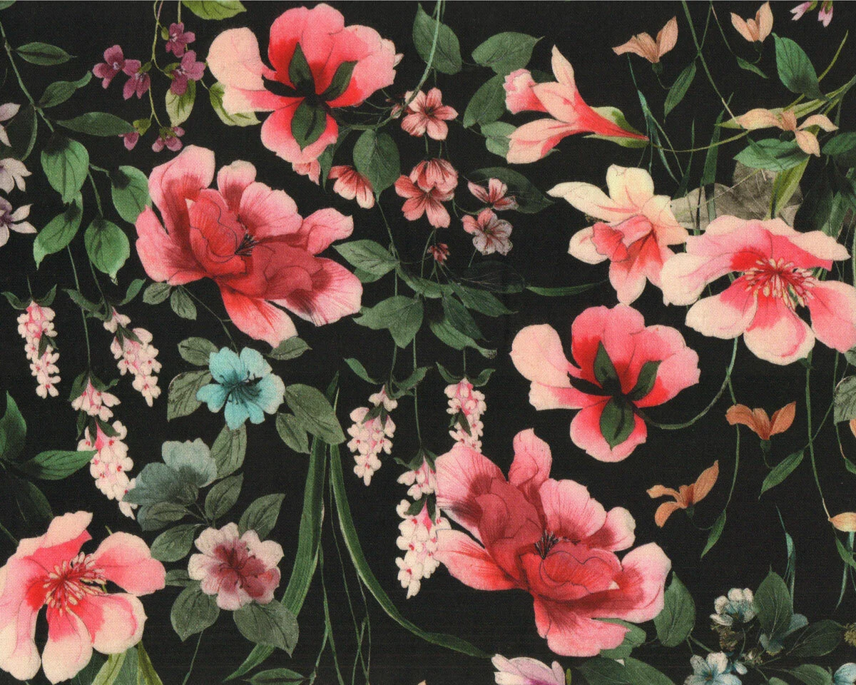 Viskosestoff FLOWER PRINT, Blumen, schwarz