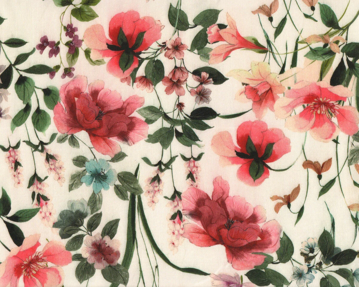 Viskosestoff FLOWER PRINT, Blumen, wollweiß