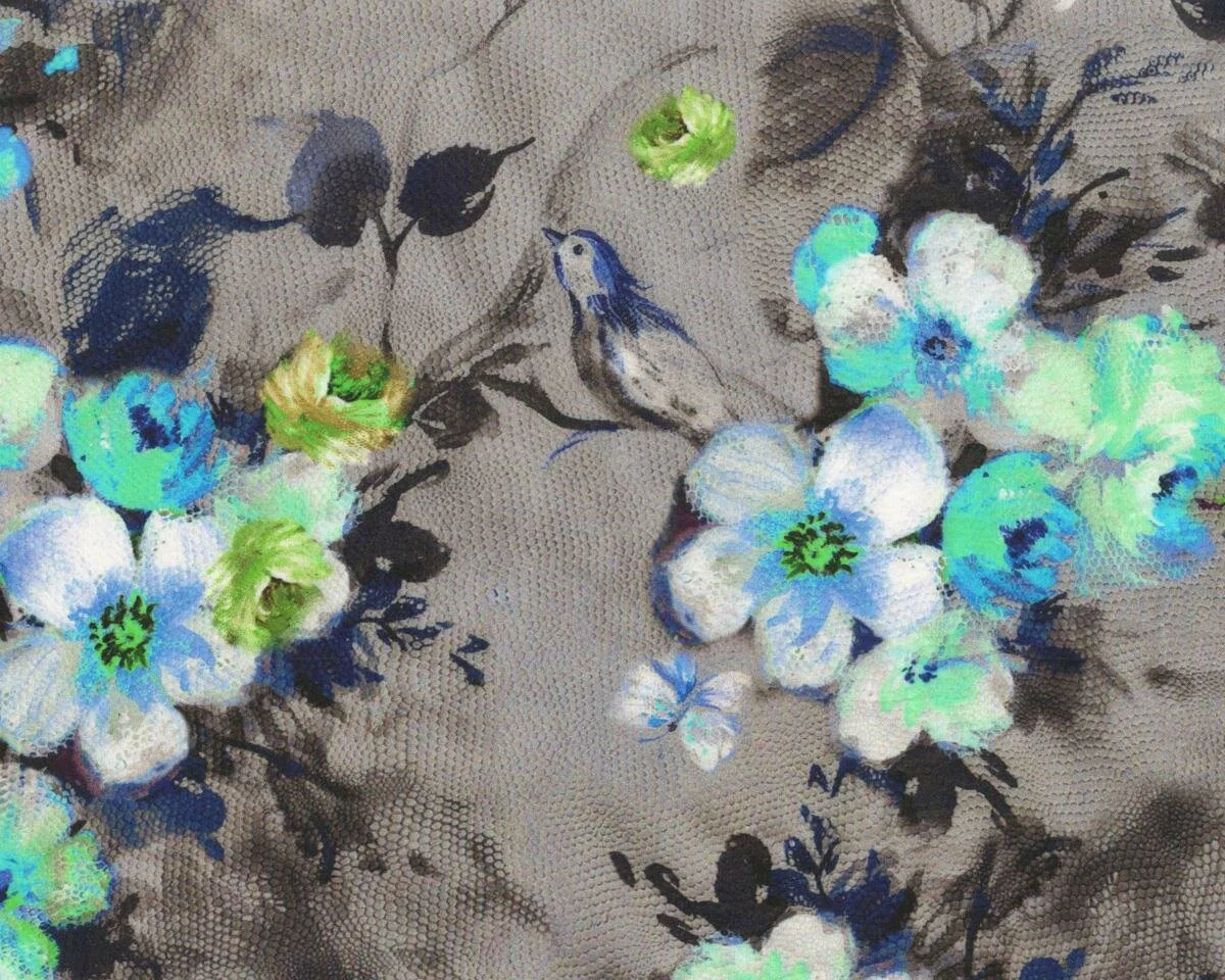 Viskosestoff MELISSA, Schlangenhaut mit Blumen und Vögeln, mintgrün
