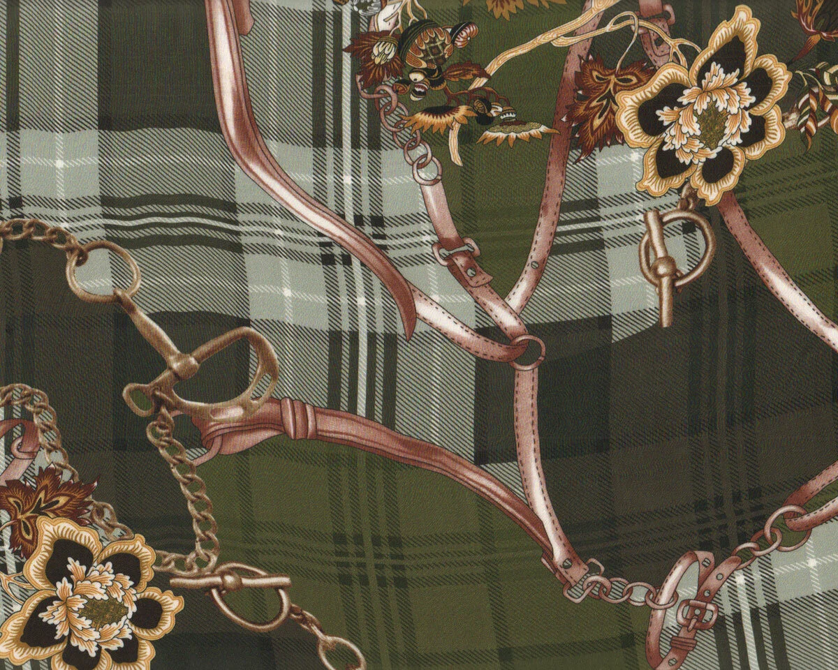 Viskosestoff mit Glencheck ZAUMZEUG, Ornamentblüten, olivgrün, Toptex